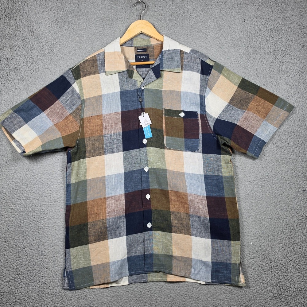 Trust Shirt Mens Size XL Brown Patch Work Linen Blend Open Collar Boxy Fit NEW